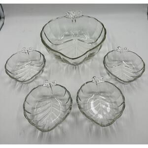 Vintage Clear Glass Leaf Shape Serving Bowl with 4 Side Bowls Dishes